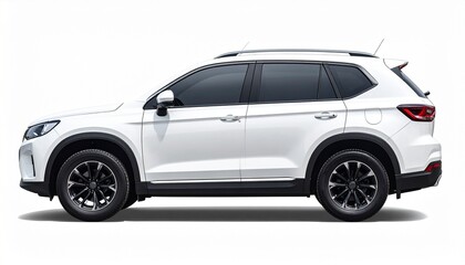 Describe a white SUV with sleek body, black trim, alloy wheels, and roof rails. Highlight its modern design, angular headlights, and robust appeal in automotive, lifestyle, or marketing contexts.