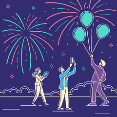Diverse group of friends celebrating a special occasion with fireworks and balloons while capturing memories on their smartphones and tablets under a starry night sky