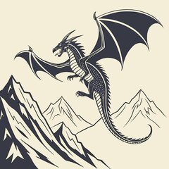 Majestic dark dragon with large wings soaring powerfully over jagged mountain peaks in a stylized graphic illustration with a vintage feel