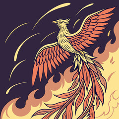 Majestic mythical phoenix bird with fiery wings and tail rising from flames against a dark purple background with yellow streaks symbolizing rebirth and power