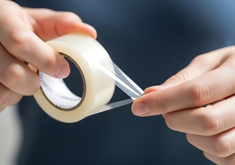 Close-up of hands using adhesive tape for packaging or sealing task