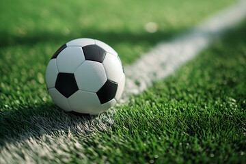 Fototapeta premium Soccer ball on artificial turf near white sideline, dramatic sunlight and shallow depth of field conveying energetic anticipation