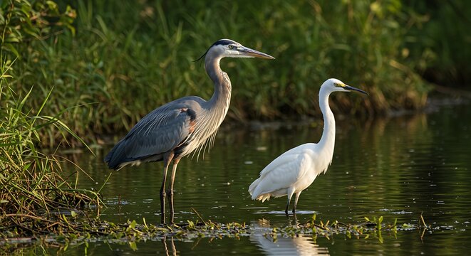 Great blue heron and snowy egret standing elegantly in shallow water habitat scene