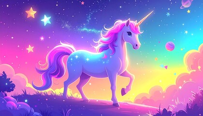 Fototapeta premium Magical unicorn in a starry night sky with clouds and colorful background