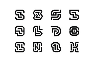 Collection of twelve stylized black and white letterform logo designs