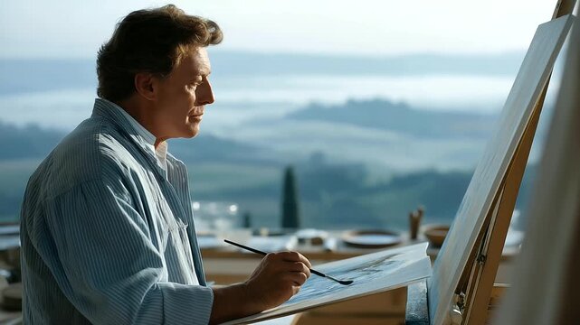 male artist painting rural hillside village in morning fog soft cowbells distant rooster crow artistic realism three quarter wide angle cinematic color correction gentle