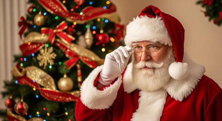 Festive Santa Claus Adjusting Glasses by Christmas Tree