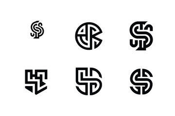 Collection of six unique black and white monogram logo design variations