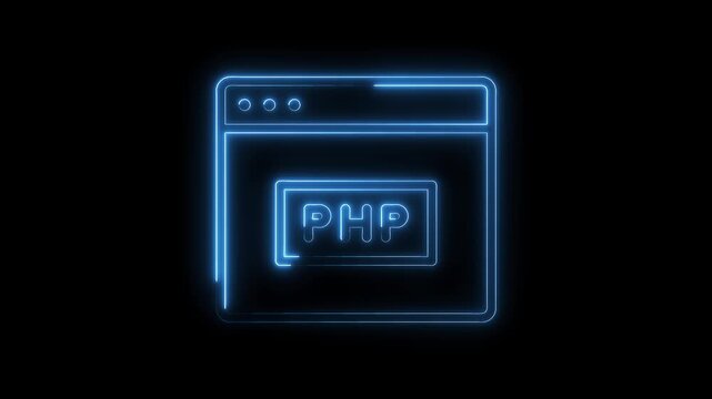 Neon style php icon animation on black background illustrating technology and programming concepts