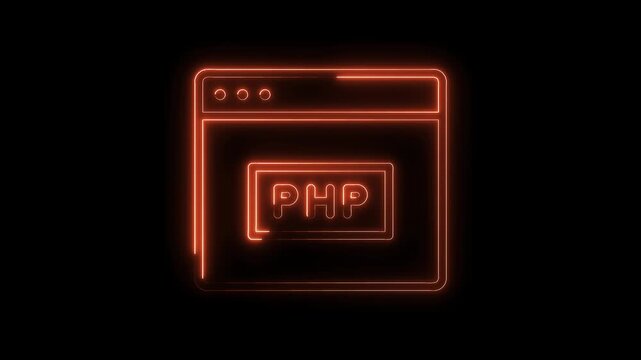Neon php programming language in browser window outline design on black background