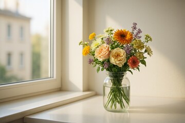 Colorful bouquet of fresh flowers in glass jar on windowsill with soft natural light and blurred outdoor background indoors in calm setting. Ai generative