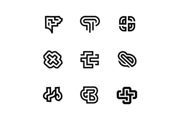 Collection of nine unique black and white abstract minimalist line art logos