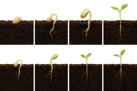 Eight Stages of Seed Germination and Seedling Growth in Soil Boxes plant growth time lapse isolated on a transparent background