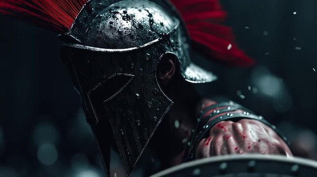 Spartan Warrior in Battle: An impressive, battle-hardened Spartan warrior in the heat of combat, donning a gleaming helmet and holding a shield, a powerful symbol of strength.