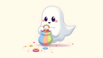 Super Cute Cartoon Ghost Eating Candy from a Colorful Bowl

