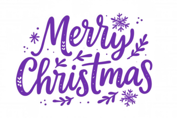 Merry christmas holiday greeting calligraphy with decorative snowflakes and leaves on a transparent background