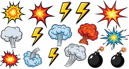Illustration of collection of comic book style explosions, lightning bolts, and bombs isolated on white background