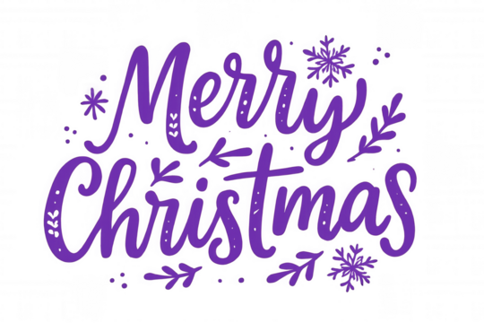 Merry christmas holiday greeting calligraphy with decorative snowflakes and leaves on a transparent background