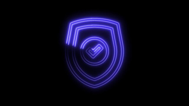 Cyber security shield with checkmark icon neon glow on black background animation