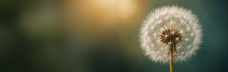 Fototapeta premium Close-up of dandelion seed head with blurred green background and sunlight, ideal for nature concept with copyspace and clean design template. Ai generative
