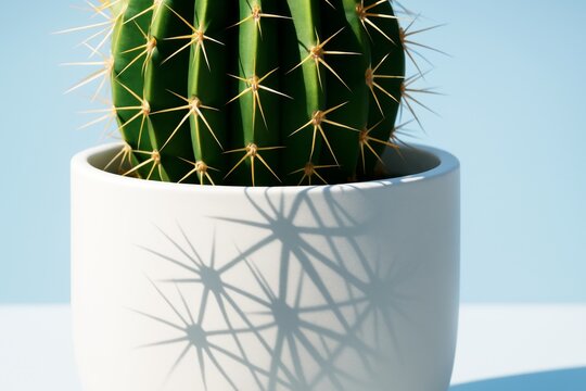 Close-up of cactus casting sharp shadow on white pot against soft blue background in strong natural light, creating abstract visual effect.