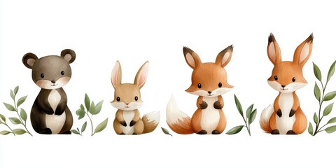 Naklejka premium A charming watercolor illustration featuring woodland animals like a baby bear fox squirrel and bunny perfect for a nature themed design. Delightful wildlife artwork ideal for nursery