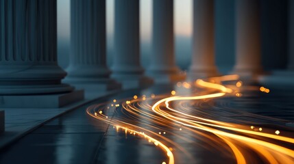 A digital image of glowing light trails winding between classical architectural columns in a dark setting.