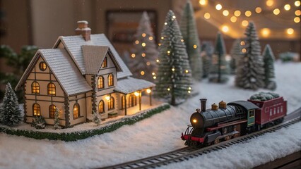 Cozy miniature village scene with a train and snowy house