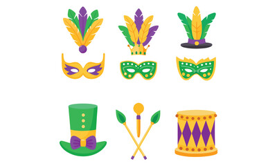 Mardi Gras Graphics – Carnival Masks, Hats, Feathers, Drums, Bows & Party Decorations in Purple, Green, and Gold