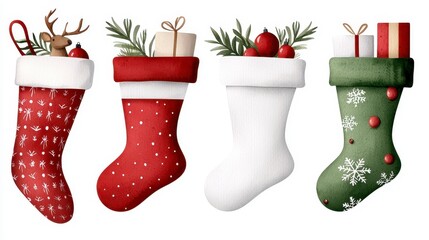 A festive collection of watercolor Christmas stockings in red green and white with various patterns like snowflakes and reindeer some filled with gifts. Charming holiday watercolor sock
