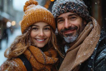 Man and woman in winter clothing walking together.