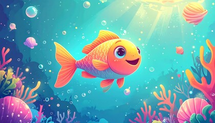 Smiling cartoon goldfish swimming in vibrant coral reef scene with bubbles