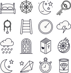 Dreamy icons representing sleep, adventure, and aspiration for creative projects and concepts about imagination