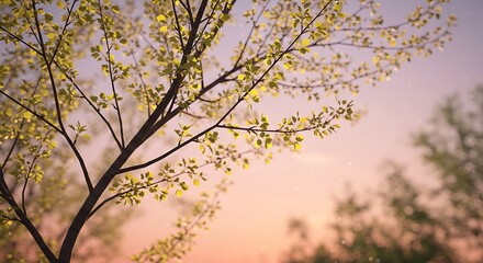Spring tree with slender branches and fresh leaves, pastel dusk sky