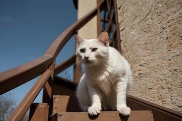 cat on the wall sitting on stairs of the beautiful house behind a wall