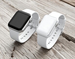 Two white smartwatches on a light wooden surface