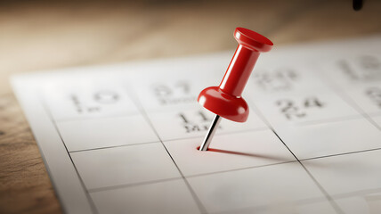 A red push pin marking a date on a calendar close up shot