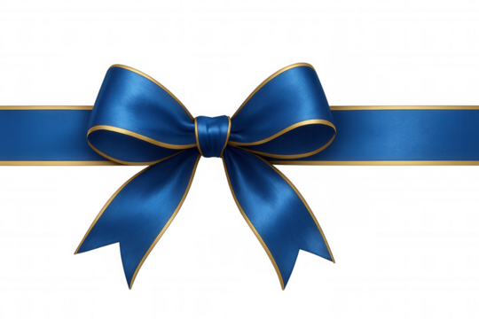 Elegant blue satin ribbon and bow with golden trim creating a luxurious gift wrapping or decorative element, transparent background - Powered by Adobe
