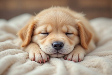 Close up of an adorable golden retriever puppy sleeping peacefully on a soft cream colored blanket Eyes are closed