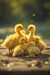 Group of fluffy yellow baby ducklings huddling closely together on a wooden surface in golden sunlight