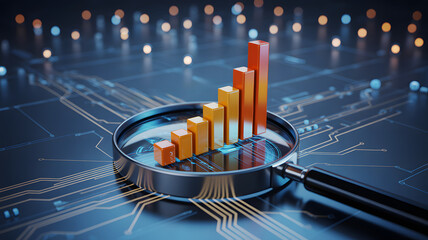 Orange bar graph under a magnifying glass on circuit board
