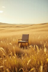 Single cushioned armchair sits alone in an expansive field of sunlit golden tall dry grass serene landscape