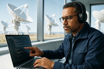Scientist working on laptop with code near satellite dishes, analyzing data in control room with light background and science equipment visible. Ai generative