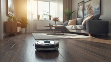 A robotic vacuum cleaner operating on a clean wooden floor in a bright modern living room, natural lighting