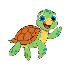 Vector art of happy cartoon green turtle with blue eyes and orange shell