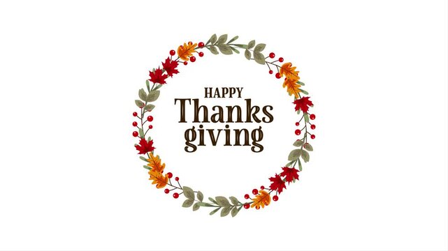 Happy Thanksgiving Animation. Wreath Frame with Autumn Leaves and Berries on White Background.