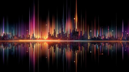Futuristic Night Cityscape Silhouette with Vibrant Vertical Light Streaks and Reflective Surface, Abstract Urban Energy