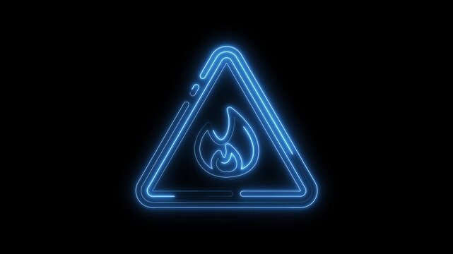 Neon blue fire hazard warning symbol glowing on black background animated illustration