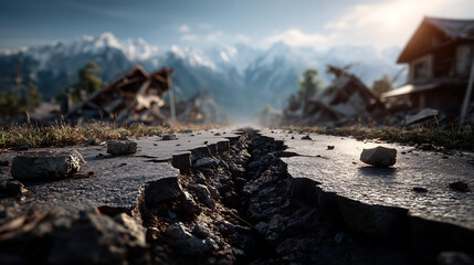 Earthquake damage assessment of crumbling infrastructure in natural disaster zones mountainous region aerial view