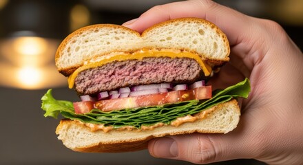 Juicy Grilled Burger with Cheese and Veggies.